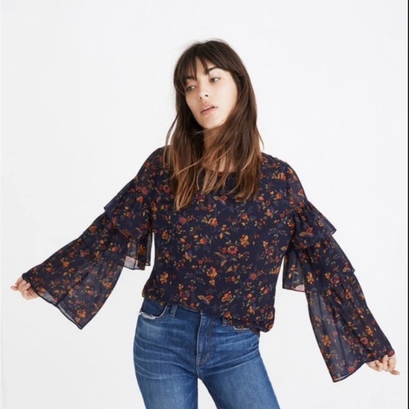 Madewell Navy Blue Tiered Ruffle Sleeve Blouse, Size M, NWT - Picture 9 of 9